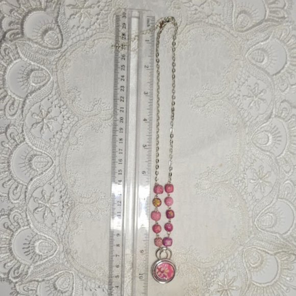 VIVA PINK PENDANT NECKLACE WITH PINK BEADS AND SILVER COLORED CHAIN W/2" EXTENDR - Picture 3 of 6